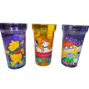 Retro 1990s Zak Designs Plastic Cups Set Rugrats Disney Pooh Dalmatian Vintage